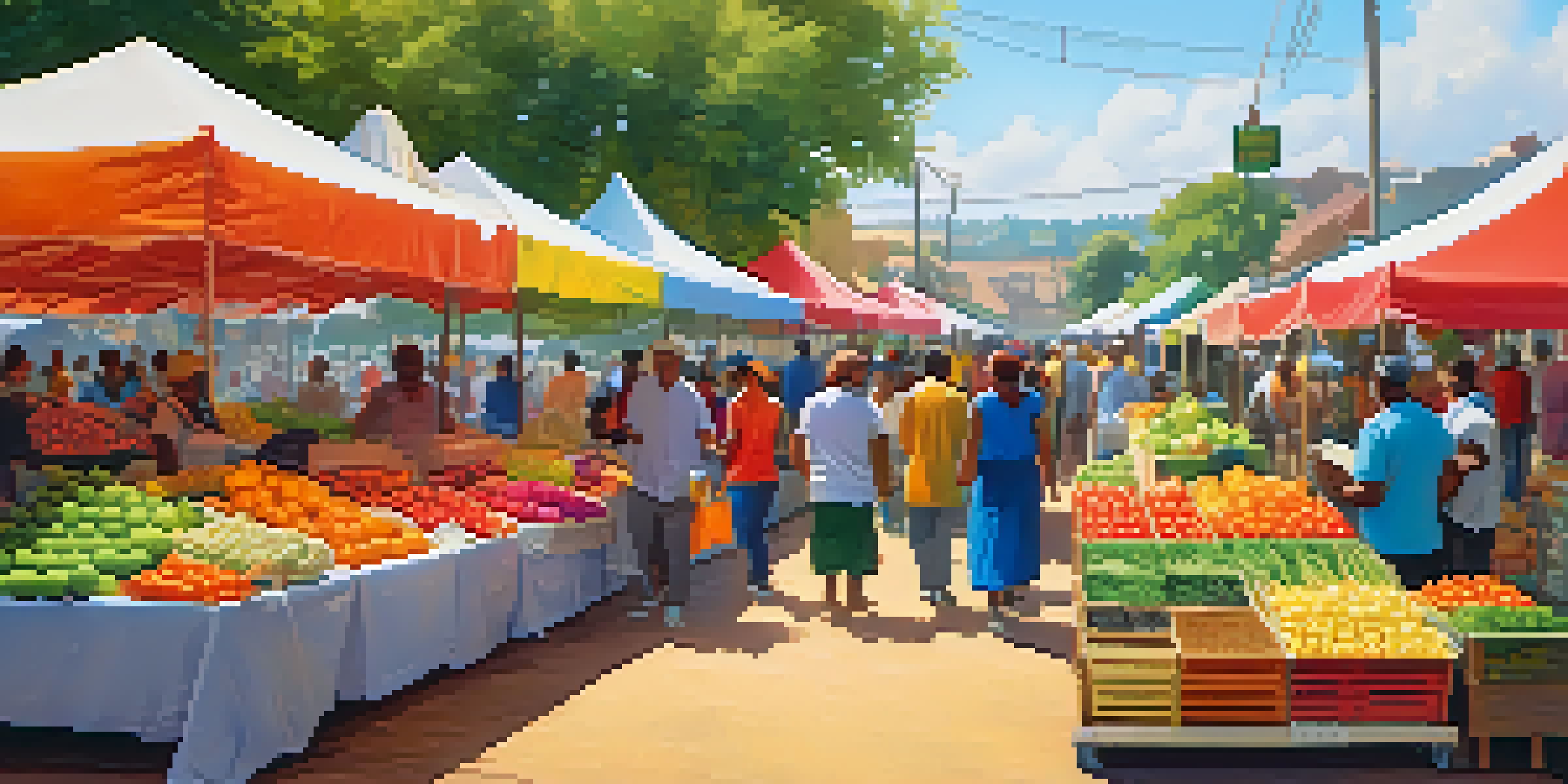 A lively community market with colorful tents, fresh produce, and diverse people interacting.