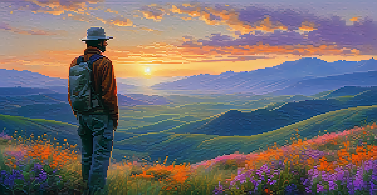 A person standing on a hilltop at sunrise, overlooking a valley filled with wildflowers.