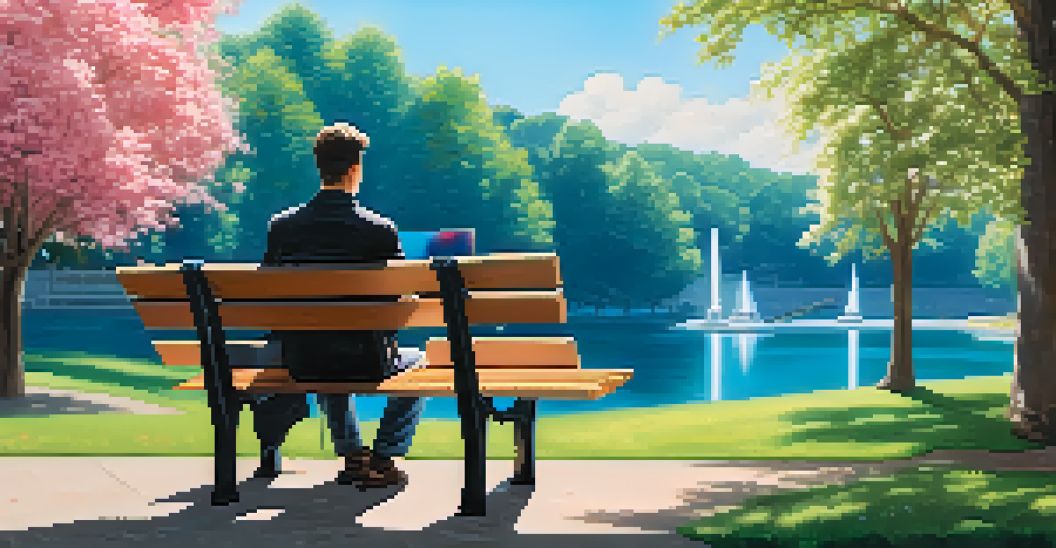 A person sitting on a park bench with a laptop, analyzing Bitcoin trends in a peaceful park setting.