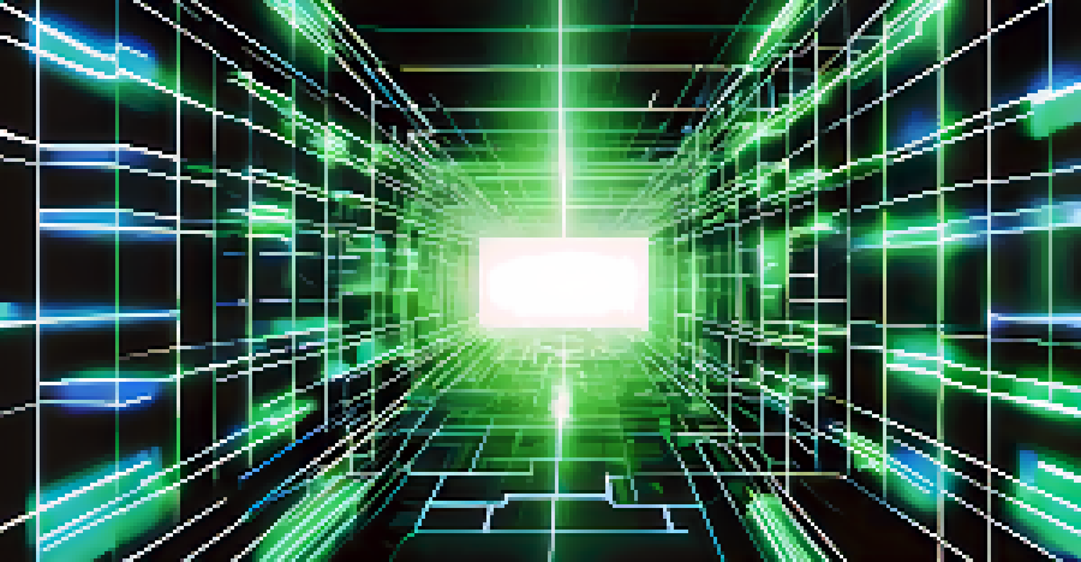 A digital representation of a blockchain network with illuminated interconnected blocks in blue and green.