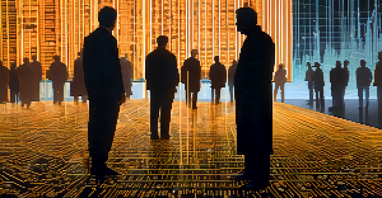 A shadowy figure pulling strings attached to Bitcoin coins, with a digital landscape of binary code in the background.