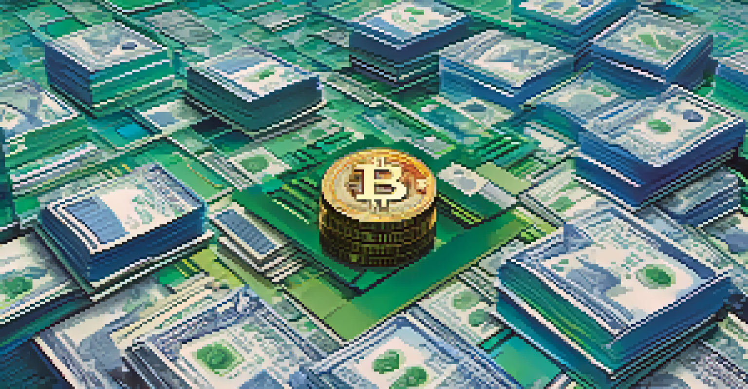 An abstract image depicting a scale balancing a Bitcoin symbol against currency bills, with a tech-inspired background.