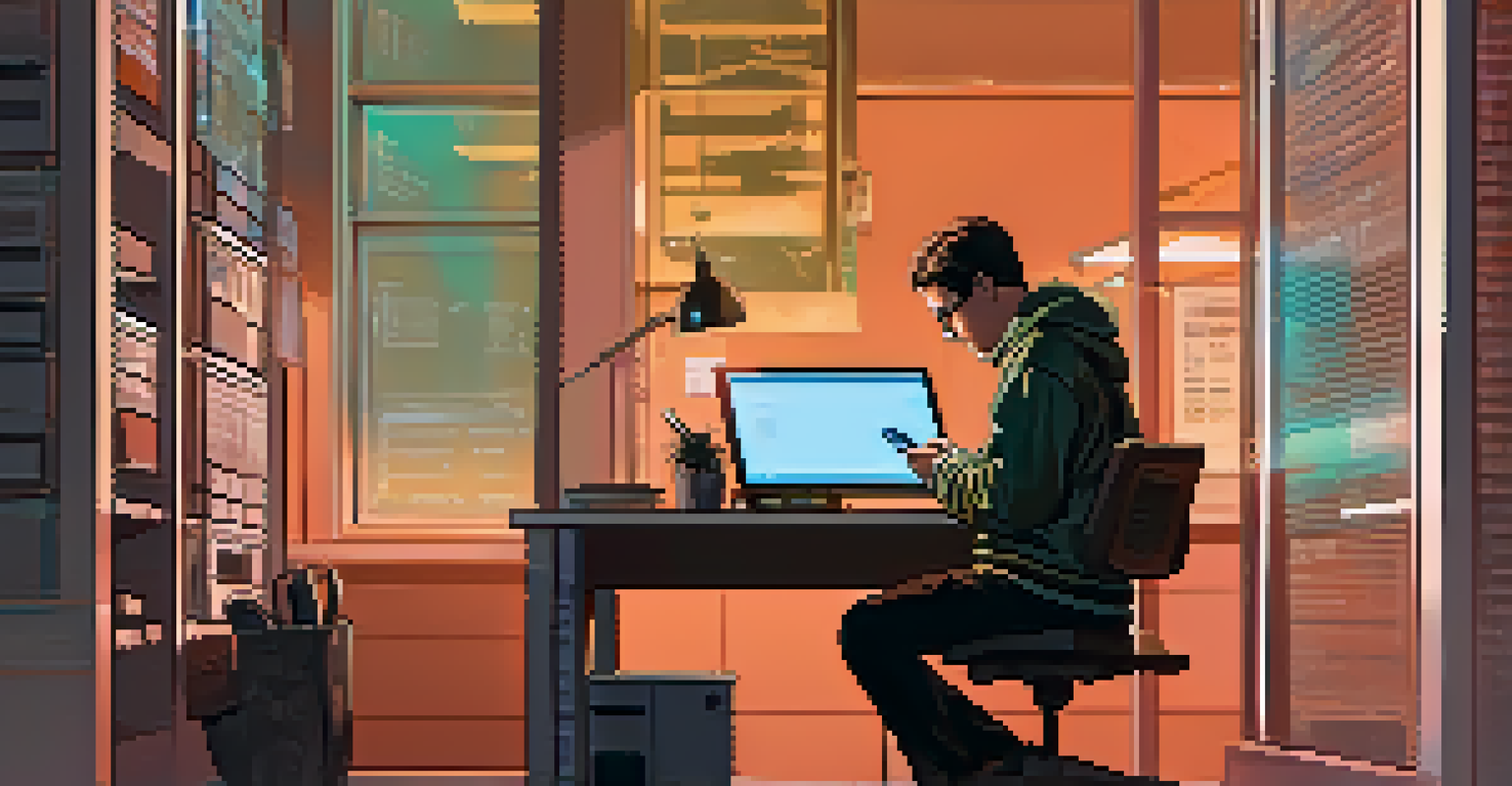 A worried person at a desk, checking their smartphone for phishing alerts, with a glowing computer screen in a dimly lit room.