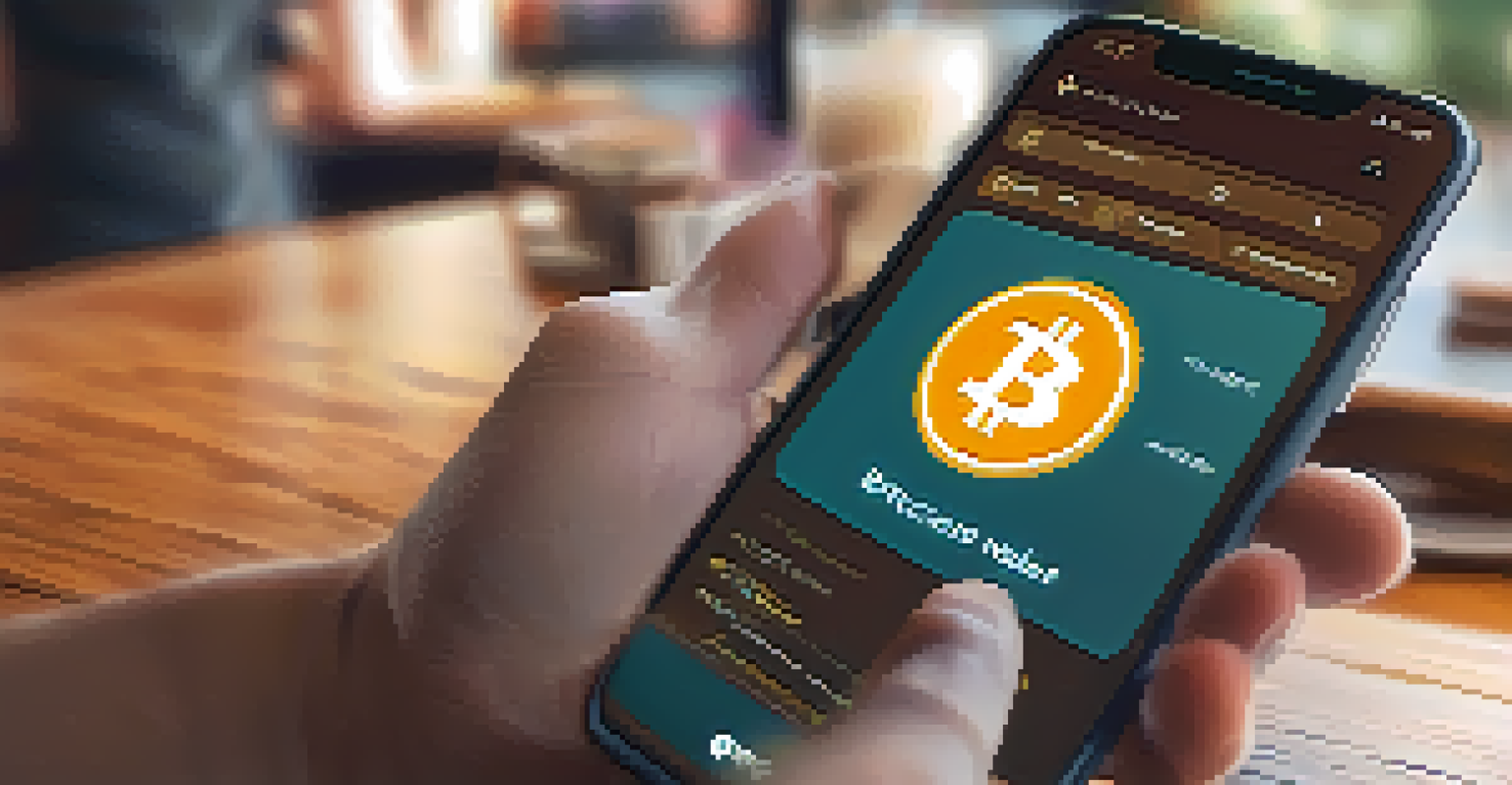 A person in a coffee shop holding a smartphone with a Bitcoin wallet app displayed on the screen.