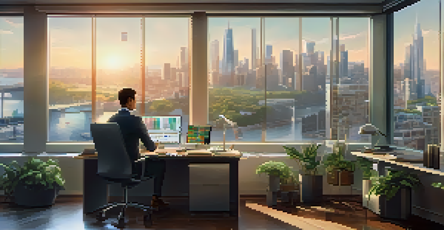 A peaceful office setting with a view of a city skyline, featuring a person analyzing cryptocurrency investment charts at a modern desk with natural light.