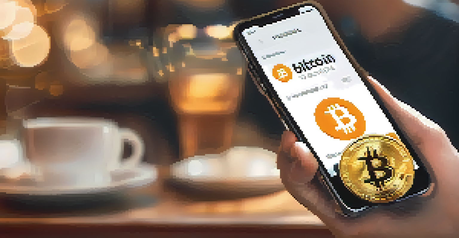 A close-up of a person using a smartphone to conduct a Bitcoin transaction, with the Bitcoin logo visible on the screen.