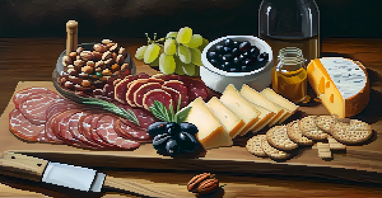 A beautifully arranged charcuterie board with various cheeses, meats, fruits, and nuts, set on a rustic wooden table.