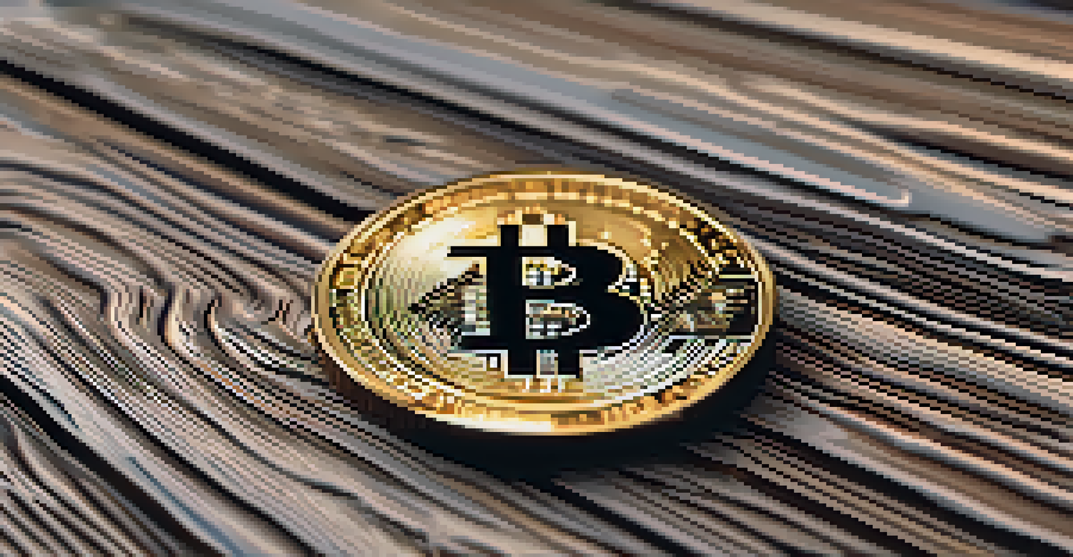 A close-up of a Bitcoin coin on wood, with an NFT artwork blurred in the background, illuminated with warm light.