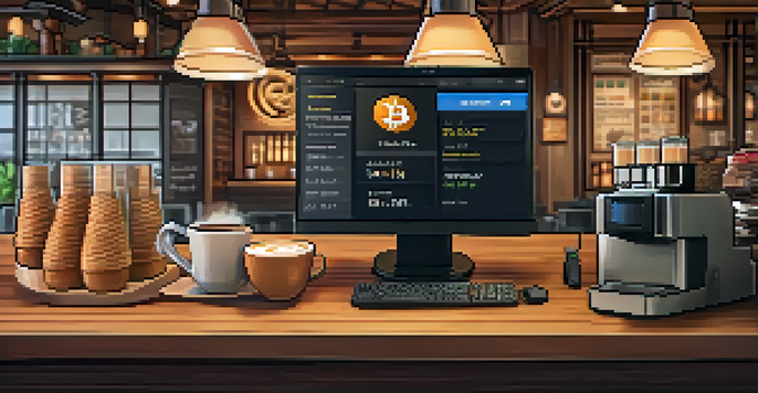 A modern Bitcoin payment processor terminal in a coffee shop, displaying transaction details with a warm ambiance.