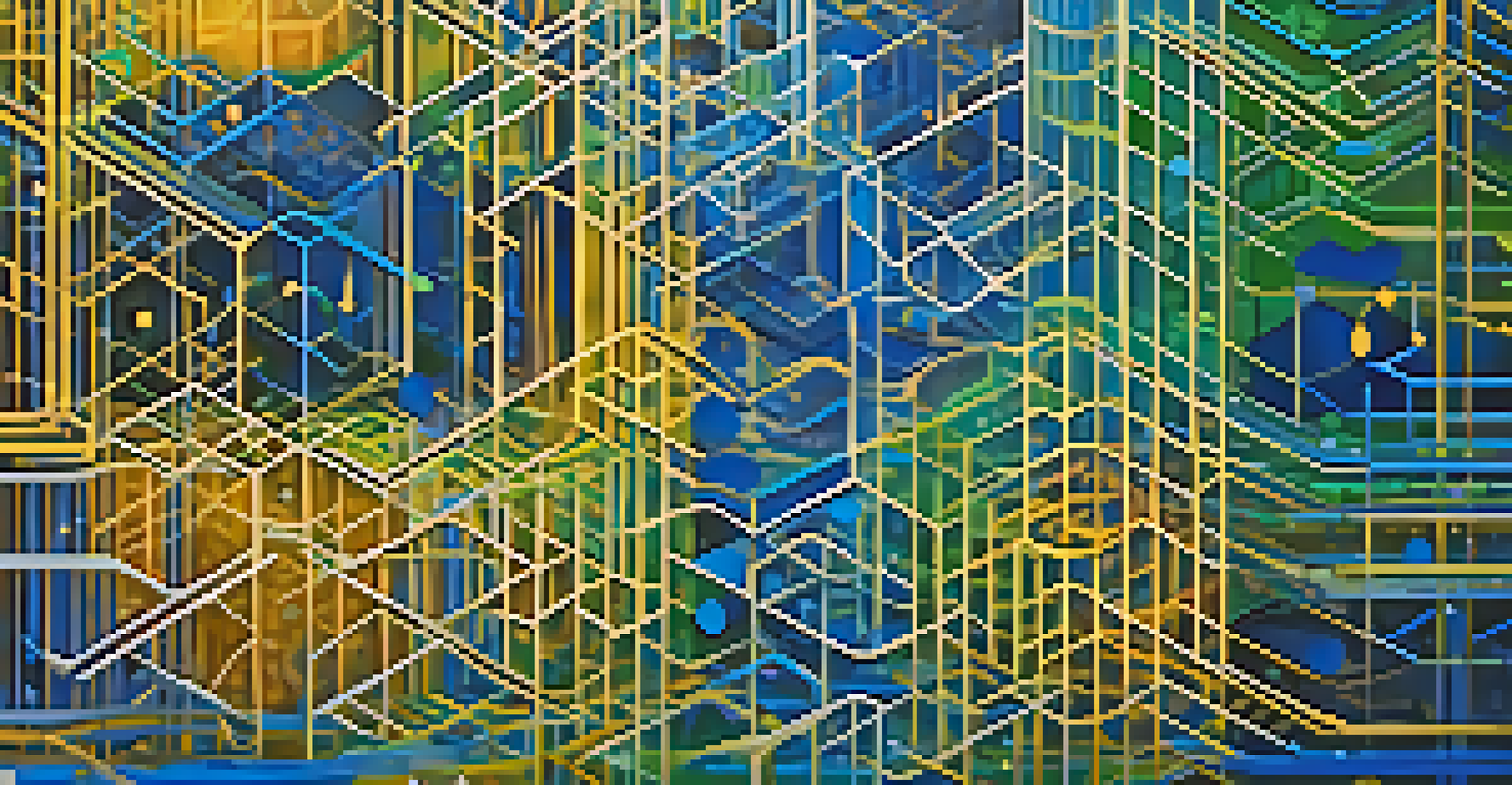 An abstract image of interconnected digital nodes in vibrant colors, representing decentralized finance and blockchain technology.