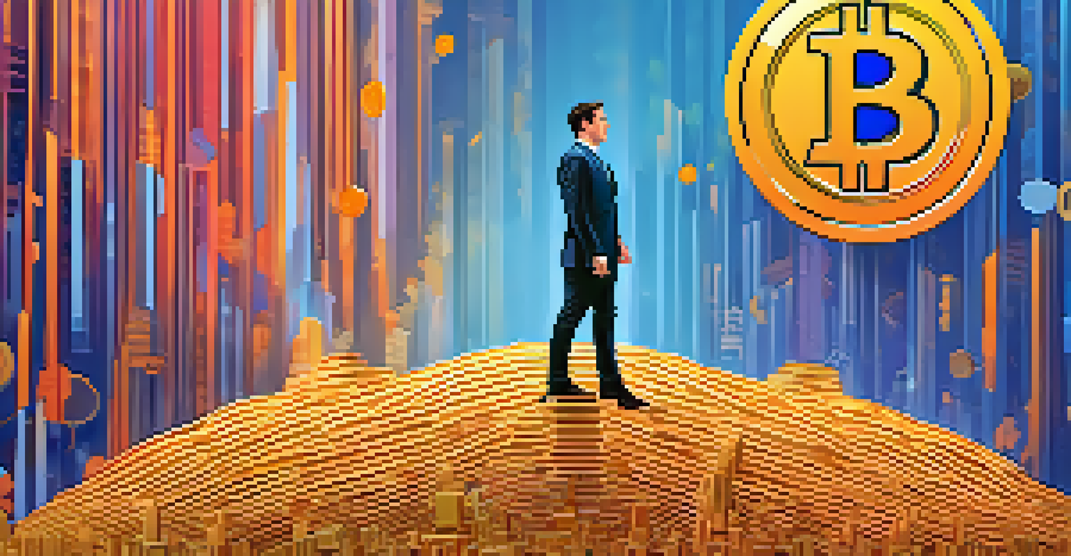 An abstract depiction of a confident trader on a large Bitcoin symbol, surrounded by colorful upward graphs.