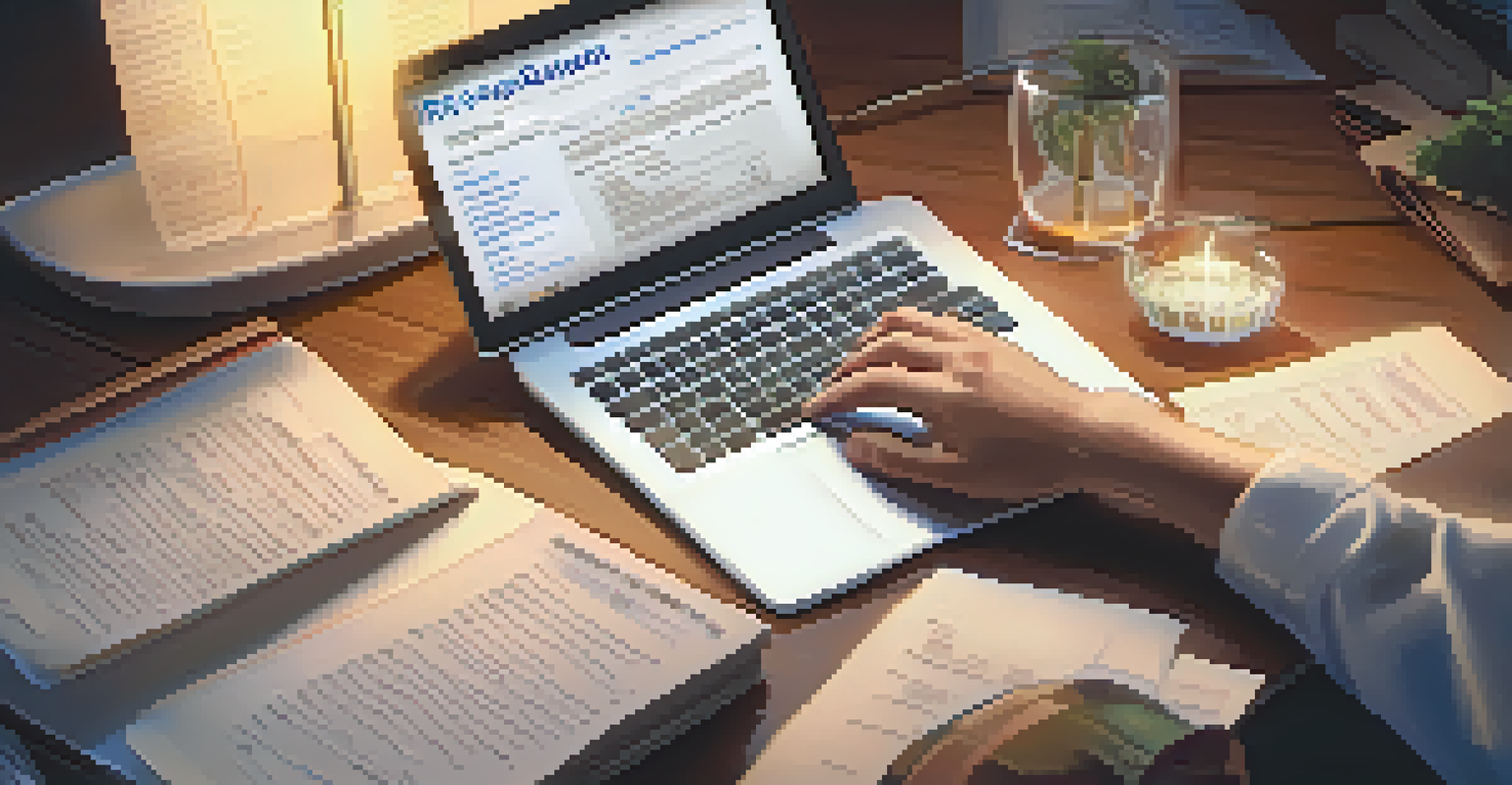 A close-up of hands typing on a laptop keyboard with an IRS tax form visible on the screen, in a well-organized workspace with a glowing desk lamp.