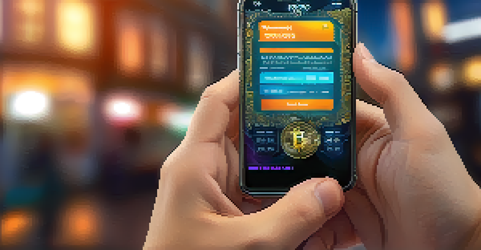 A close-up of a hand holding a smartphone showing a Bitcoin wallet interface with colorful graphics.