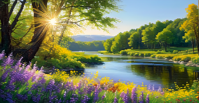 A peaceful scene of a river winding through a green valley with blooming flowers and a bright blue sky.