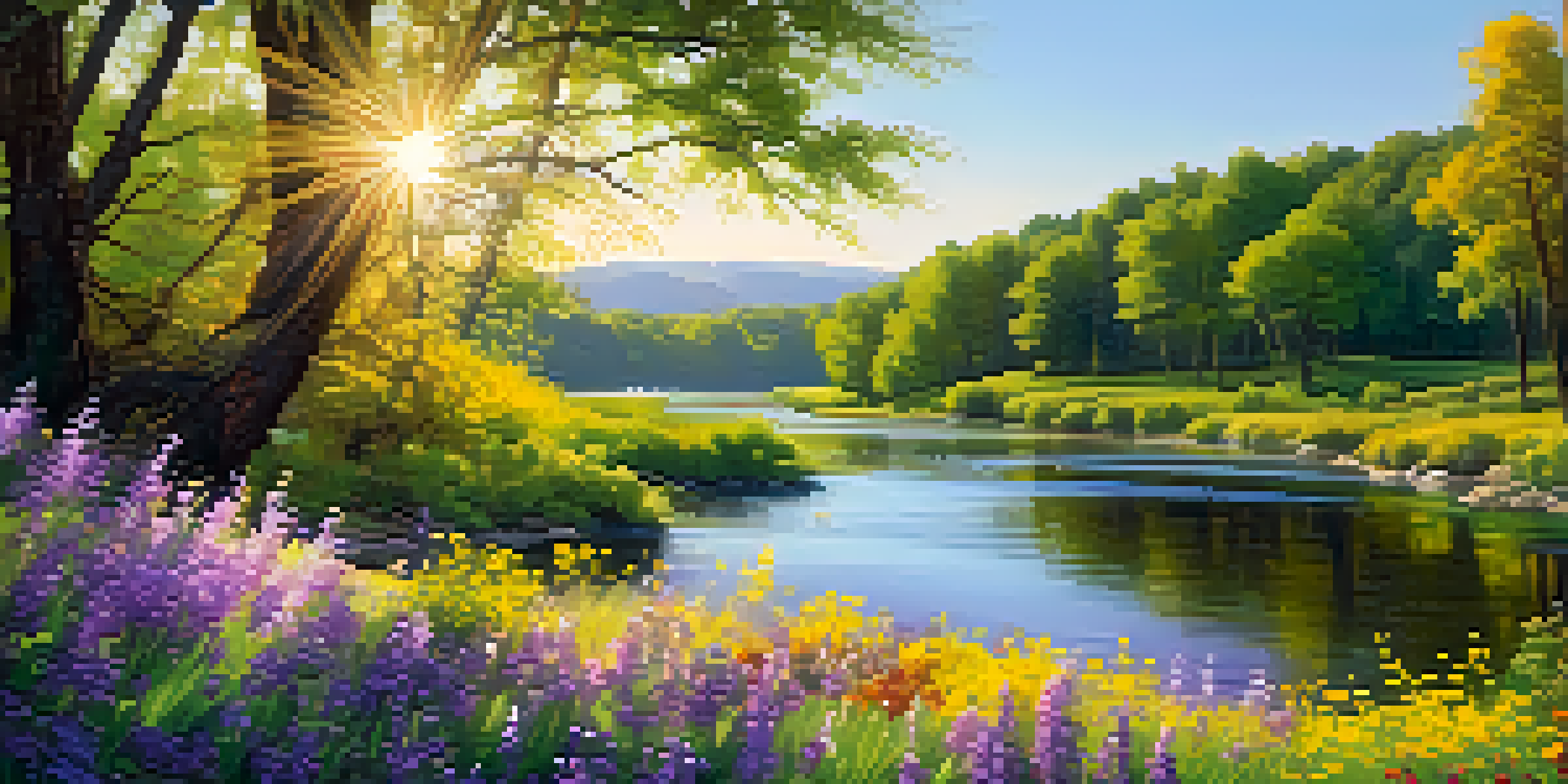 A peaceful scene of a river winding through a green valley with blooming flowers and a bright blue sky.