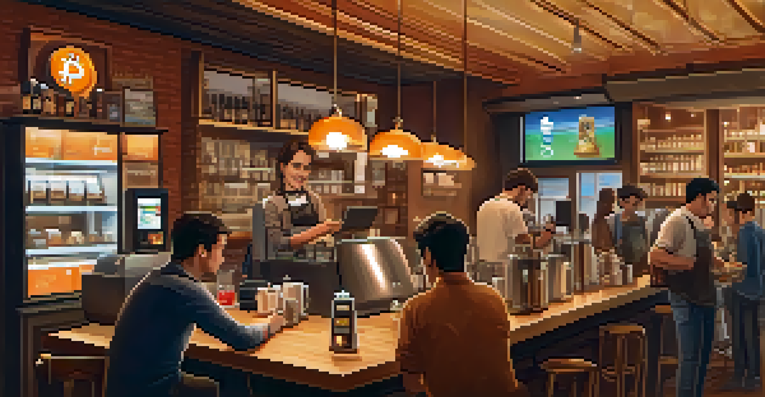 A café with a barista serving a customer who is paying with Bitcoin through a smartphone, surrounded by people and warm lighting.