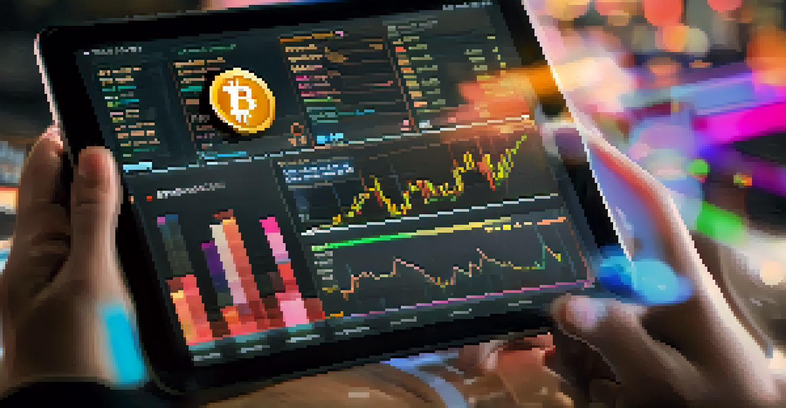 A close-up of hands analyzing Bitcoin data on a tablet with colorful graphs, surrounded by a warm, inviting light.