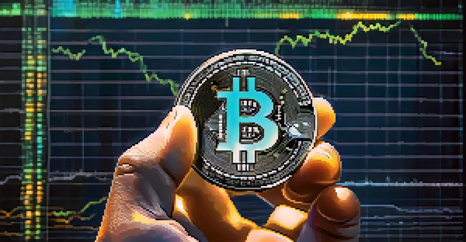 A close-up of a hand holding a Bitcoin coin with a digital financial chart in the background showing upward trends.