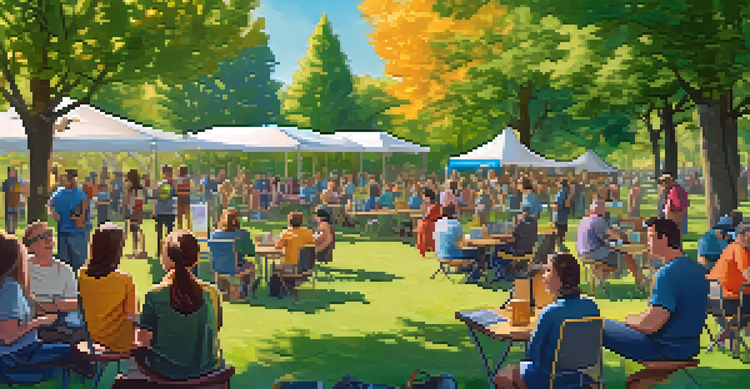 A community meetup in a park with people learning about Bitcoin, surrounded by colorful banners and trees.
