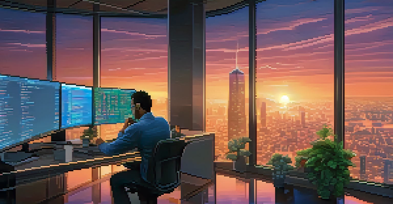 A developer coding a smart contract in a modern office, with digital elements and a cityscape view at sunset.