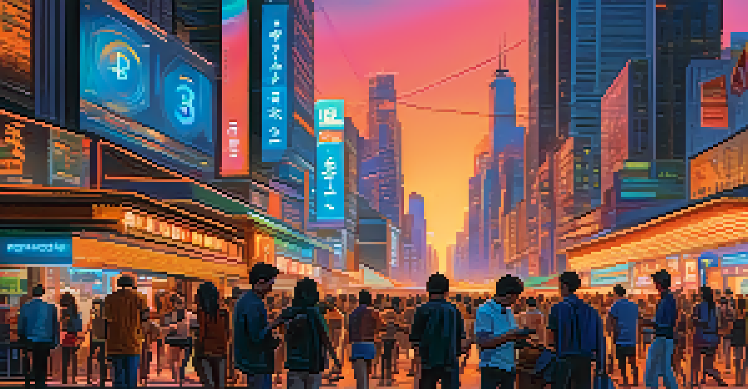A city street scene at twilight with people using smartphones for cryptocurrency transactions, illuminated by neon signs and reflecting skyscrapers in a colorful sky.