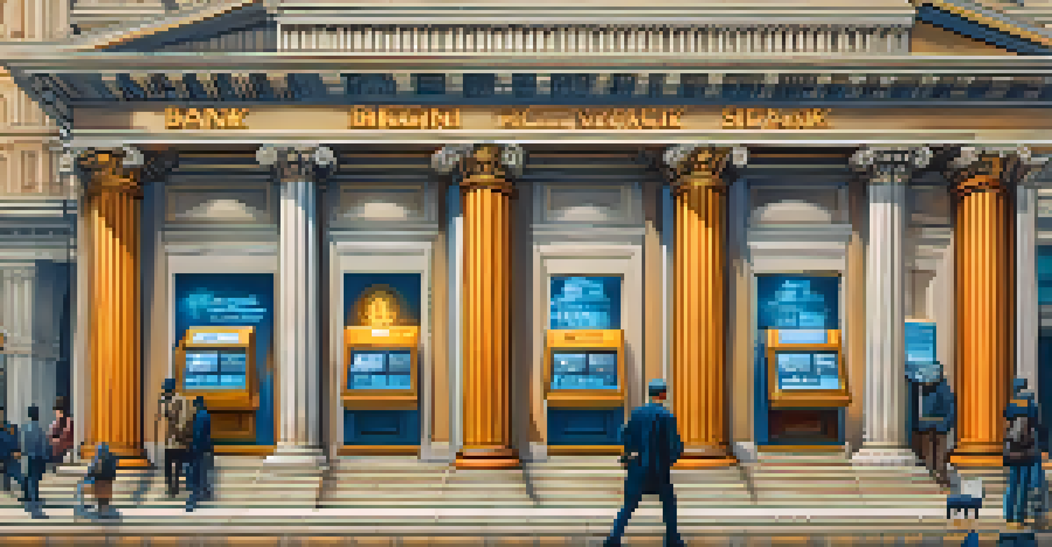 A split-image of a traditional bank and a modern Bitcoin exchange, showing contrasts in architecture and customer interaction.
