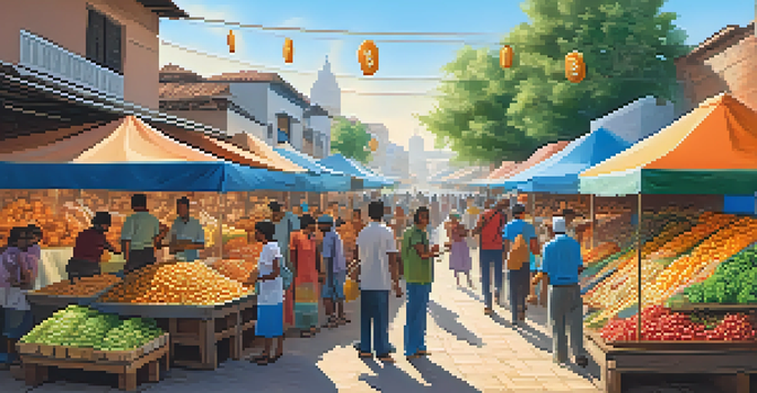 A busy market scene featuring people using mobile devices for Bitcoin transactions, with colorful stalls and a sunny sky.