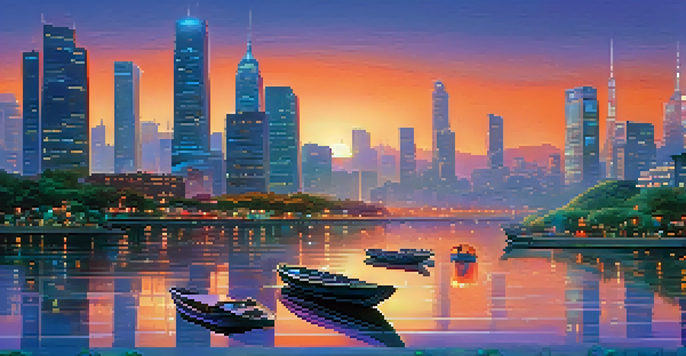 A futuristic city skyline at dusk with skyscrapers reflecting colorful skies, a peaceful river, and vibrant greenery in the foreground.
