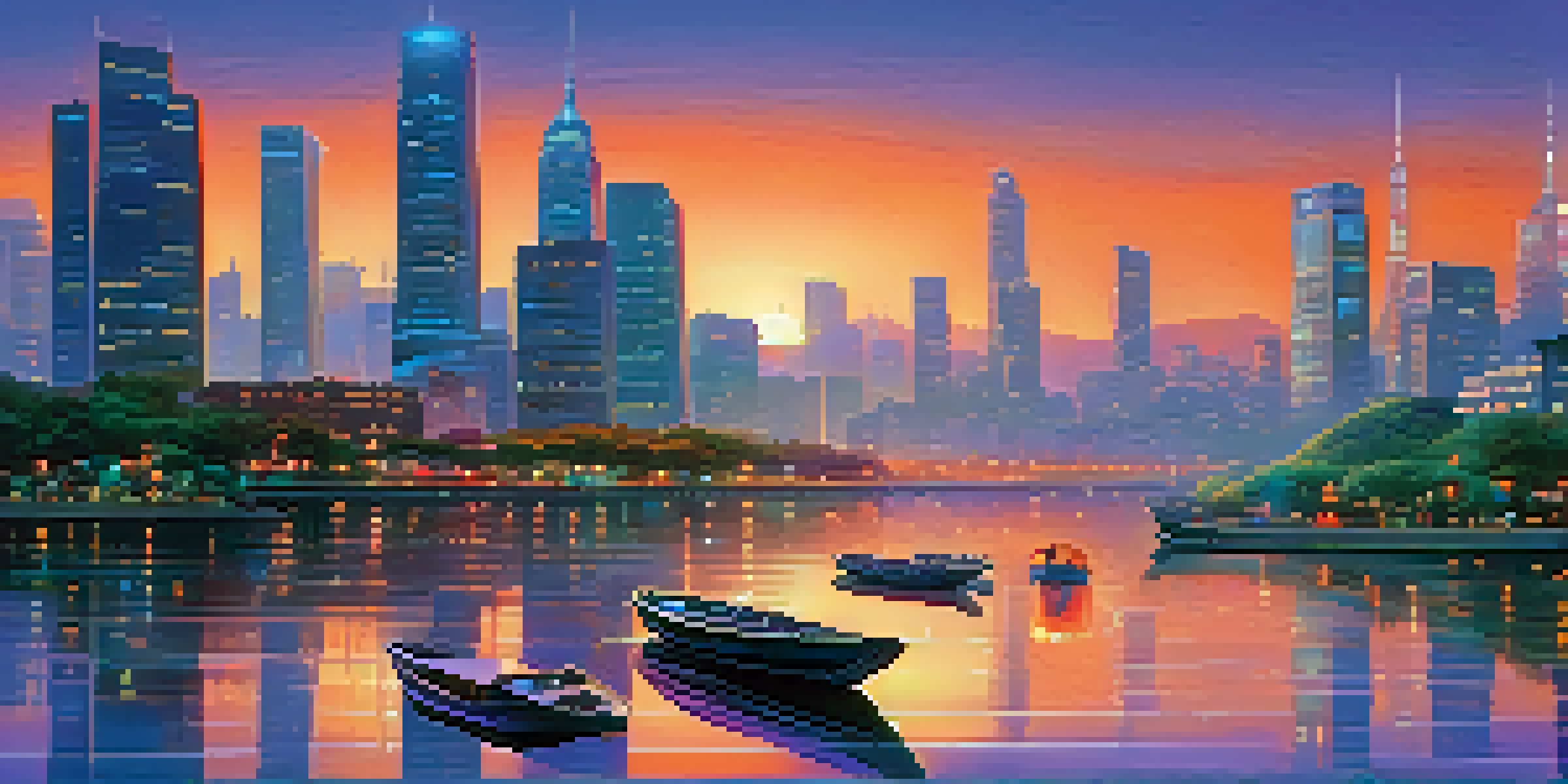 A futuristic city skyline at dusk with skyscrapers reflecting colorful skies, a peaceful river, and vibrant greenery in the foreground.