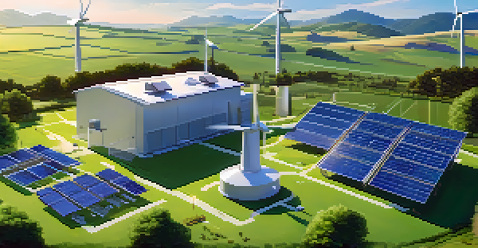 A landscape with a Bitcoin mining facility utilizing solar panels and wind turbines, under a bright blue sky.