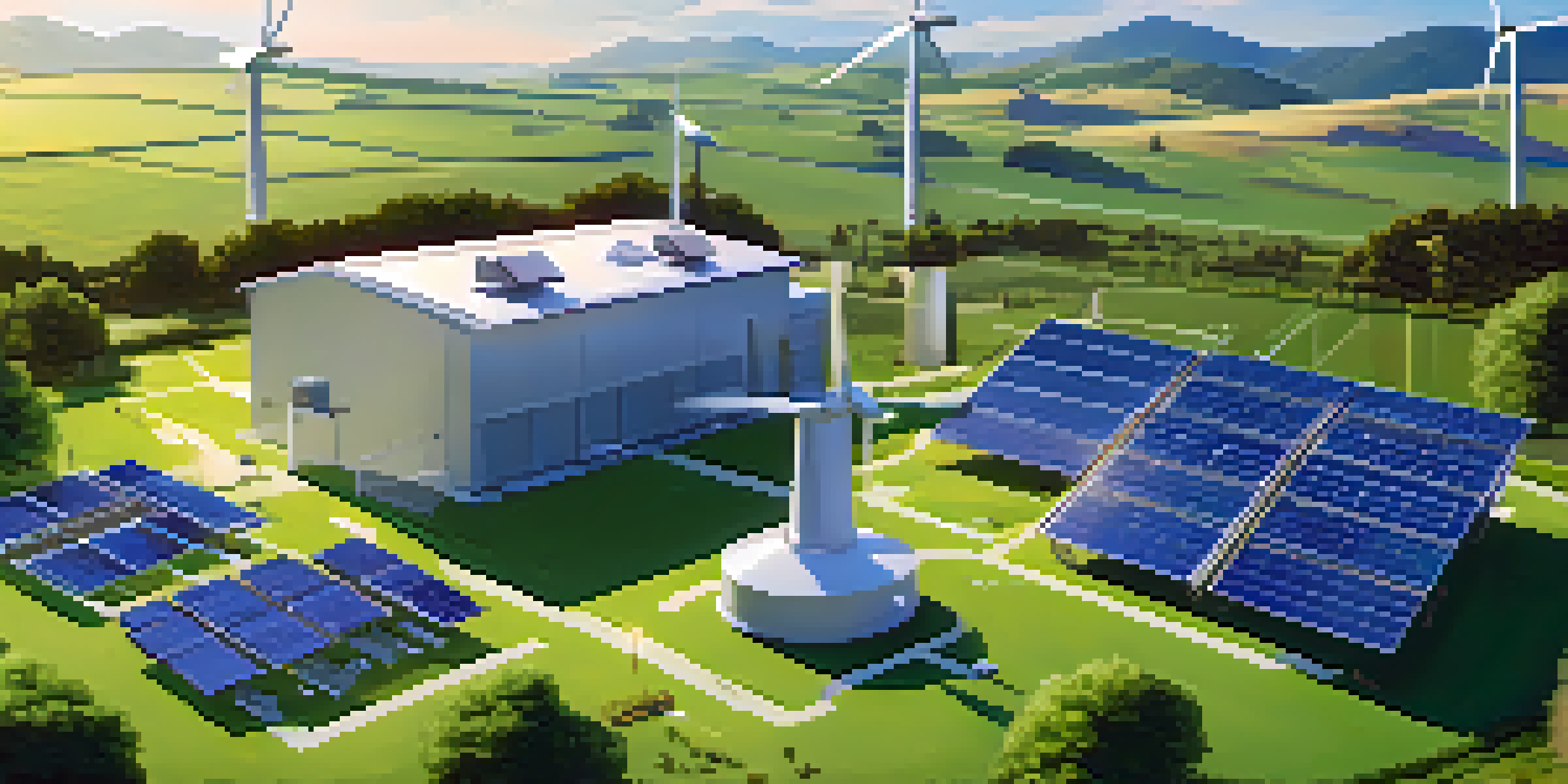 A landscape with a Bitcoin mining facility utilizing solar panels and wind turbines, under a bright blue sky.