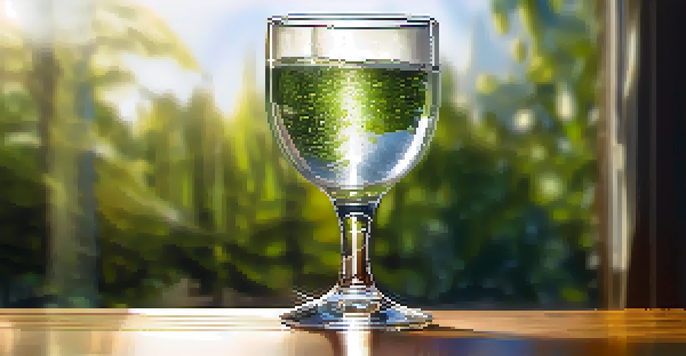 A glass of water half full on a wooden table with sunlight casting soft shadows.