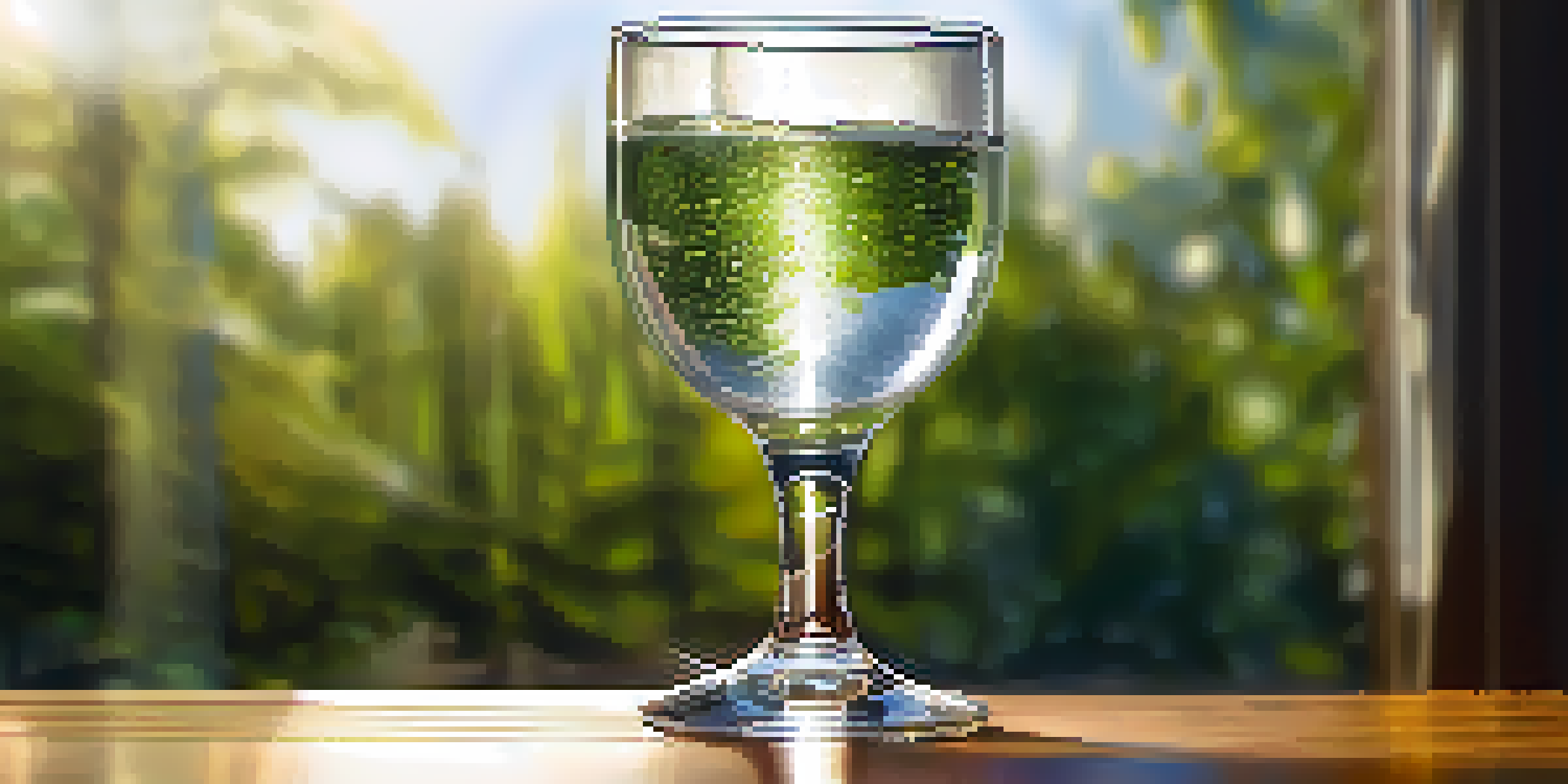 A glass of water half full on a wooden table with sunlight casting soft shadows.