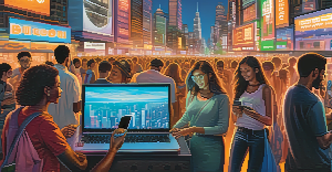 A diverse group of people engaging in digital transactions using smartphones and laptops in an urban setting, with a city skyline and Bitcoin logos in the background.
