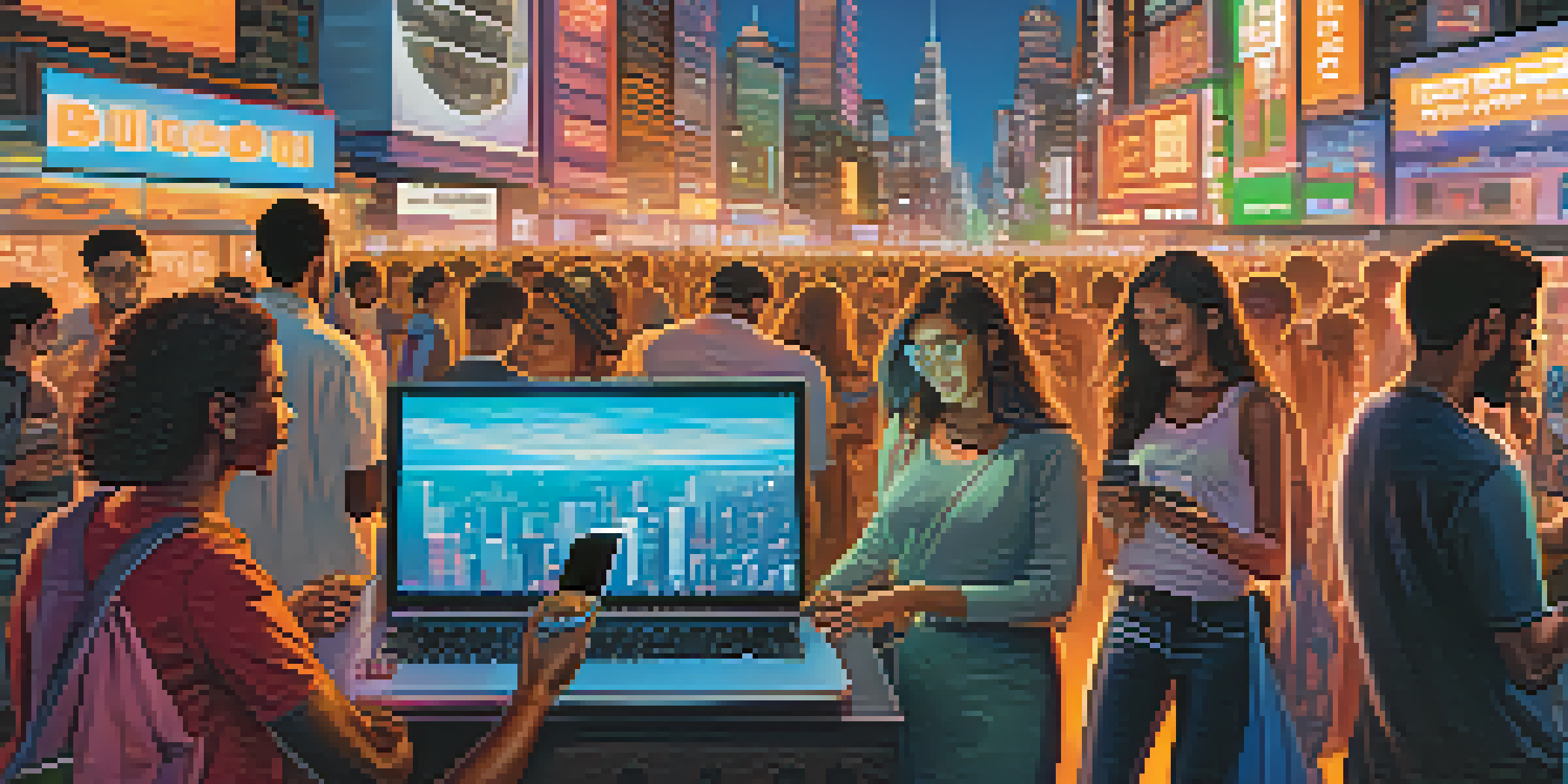 A diverse group of people engaging in digital transactions using smartphones and laptops in an urban setting, with a city skyline and Bitcoin logos in the background.