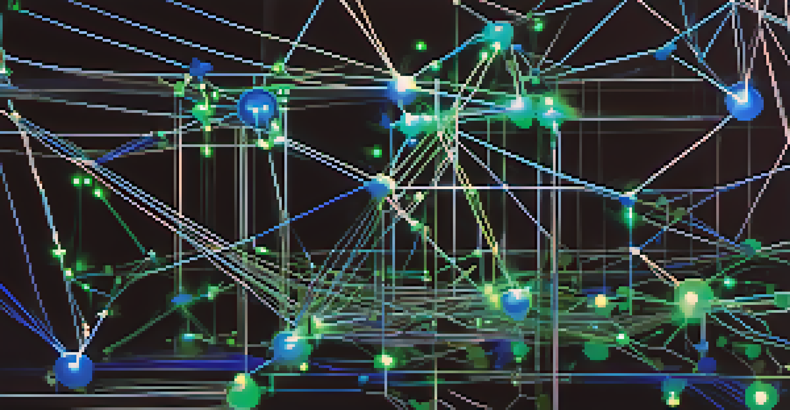 An abstract visualization of blockchain technology, featuring glowing nodes and connections on a dark background.