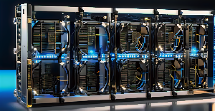 A detailed close-up of a Bitcoin mining rig with glowing components against a dark background.