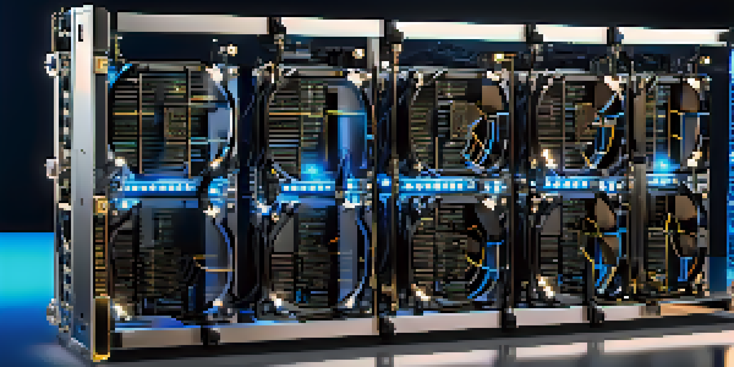 A detailed close-up of a Bitcoin mining rig with glowing components against a dark background.