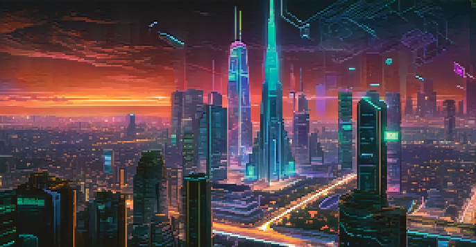 A vibrant night scene of a futuristic city skyline with neon lights and people discussing cryptocurrency.