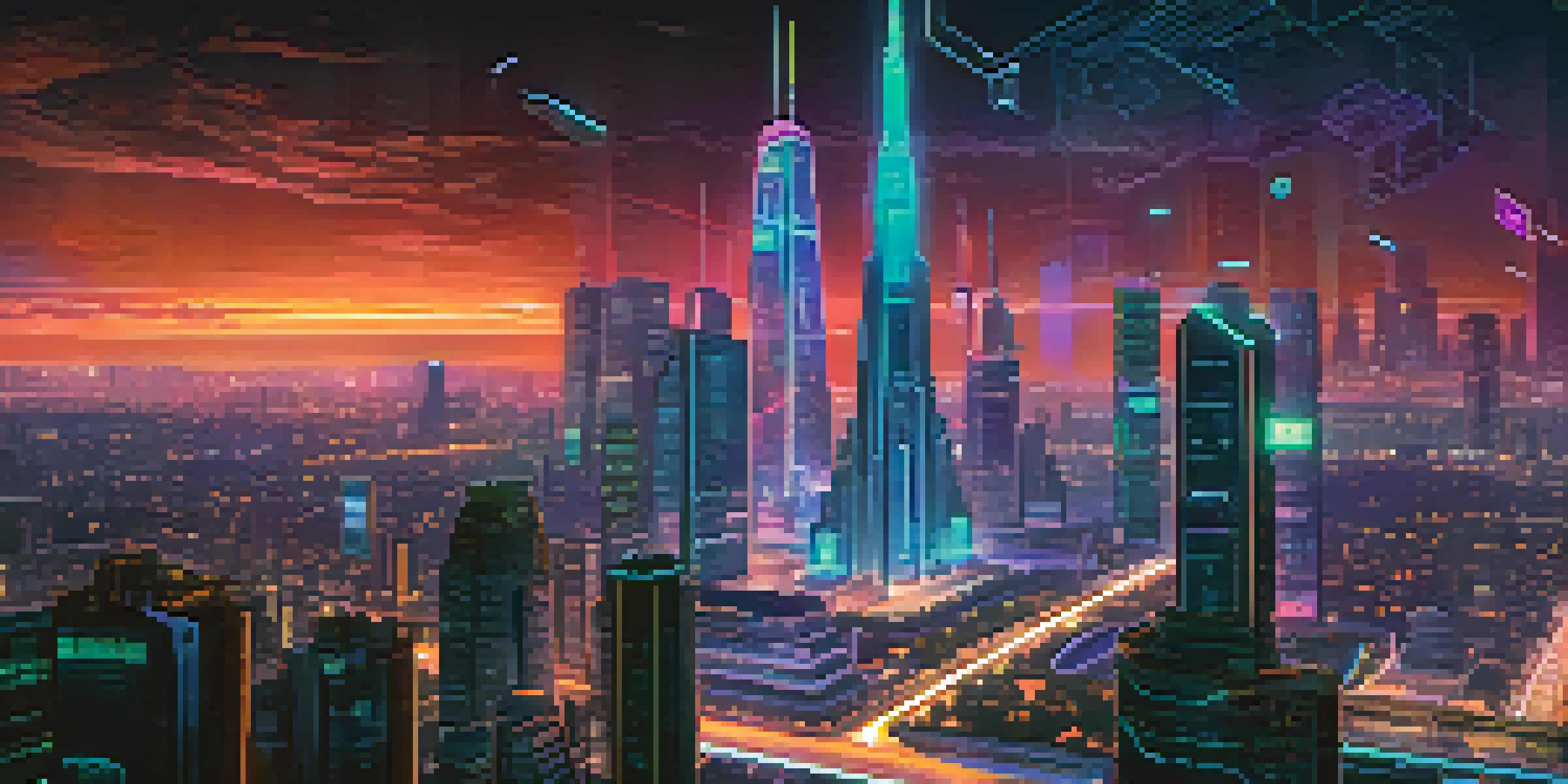 A vibrant night scene of a futuristic city skyline with neon lights and people discussing cryptocurrency.