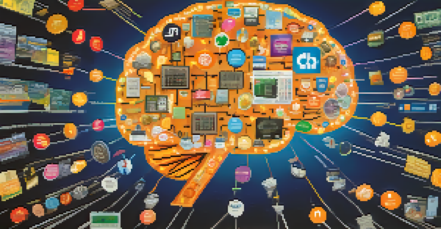 An artistic representation of a brain divided into sections labeled with financial terms, filled with icons representing Bitcoin and cash.