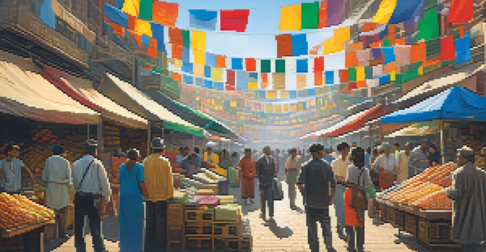 A vibrant international trade market with diverse vendors, colorful goods, and flags from different countries, illuminated by sunlight.