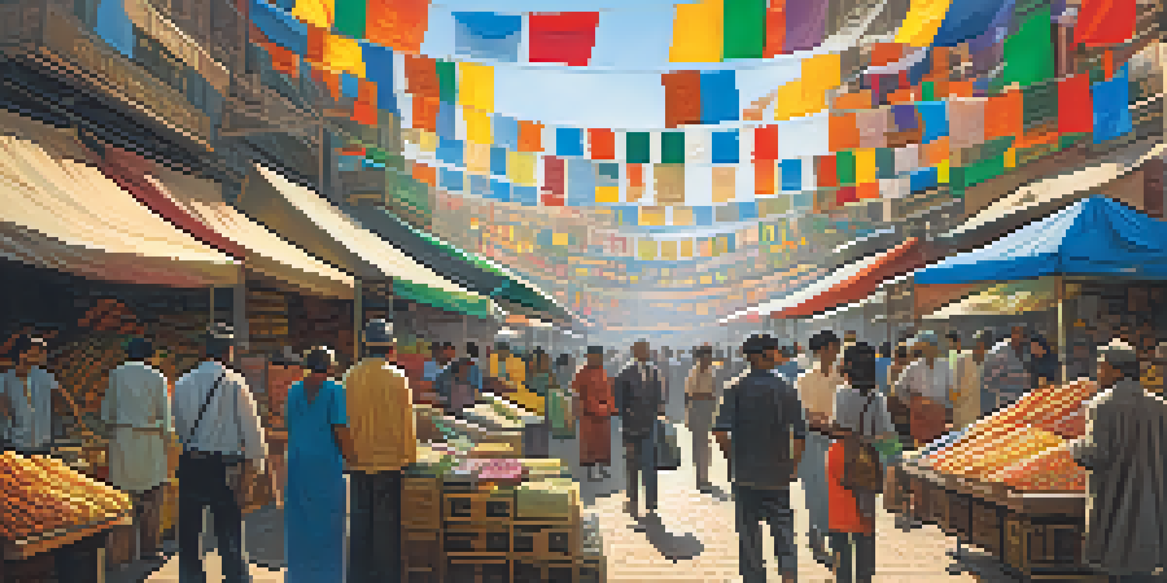 A vibrant international trade market with diverse vendors, colorful goods, and flags from different countries, illuminated by sunlight.