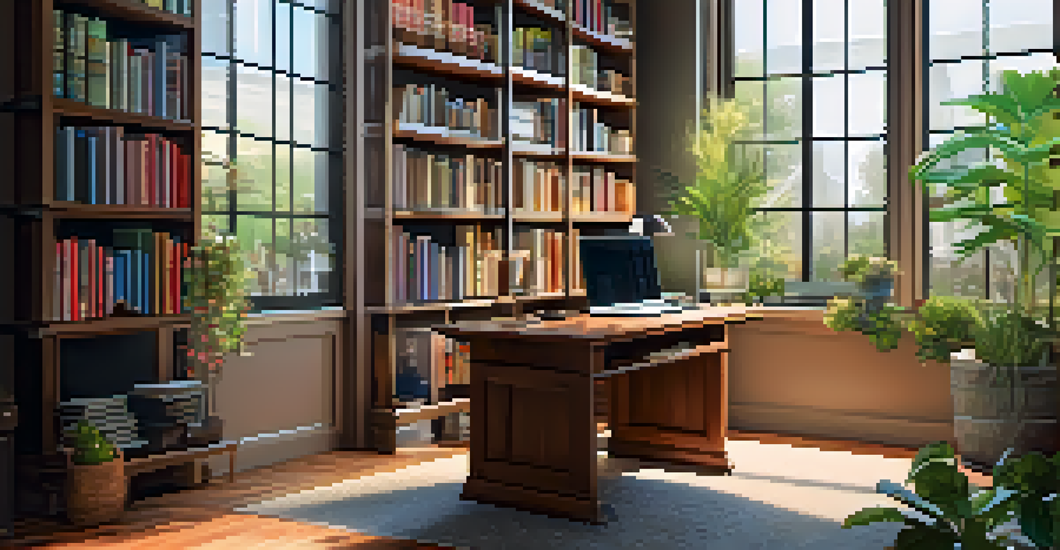 A stylish home office with a wooden desk, a laptop, bookshelves, and a window allowing sunlight in, along with a plant and a coffee cup.