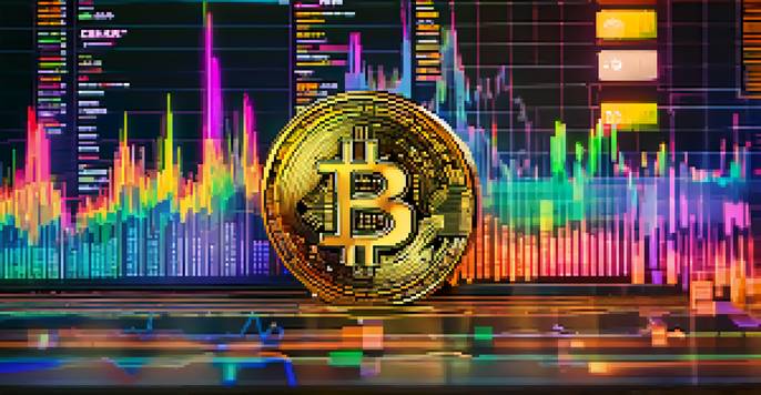 A digital trading screen with a Bitcoin price chart showing sharp spikes and dips, surrounded by colorful cryptocurrency coins, with a blurred trader in the background.