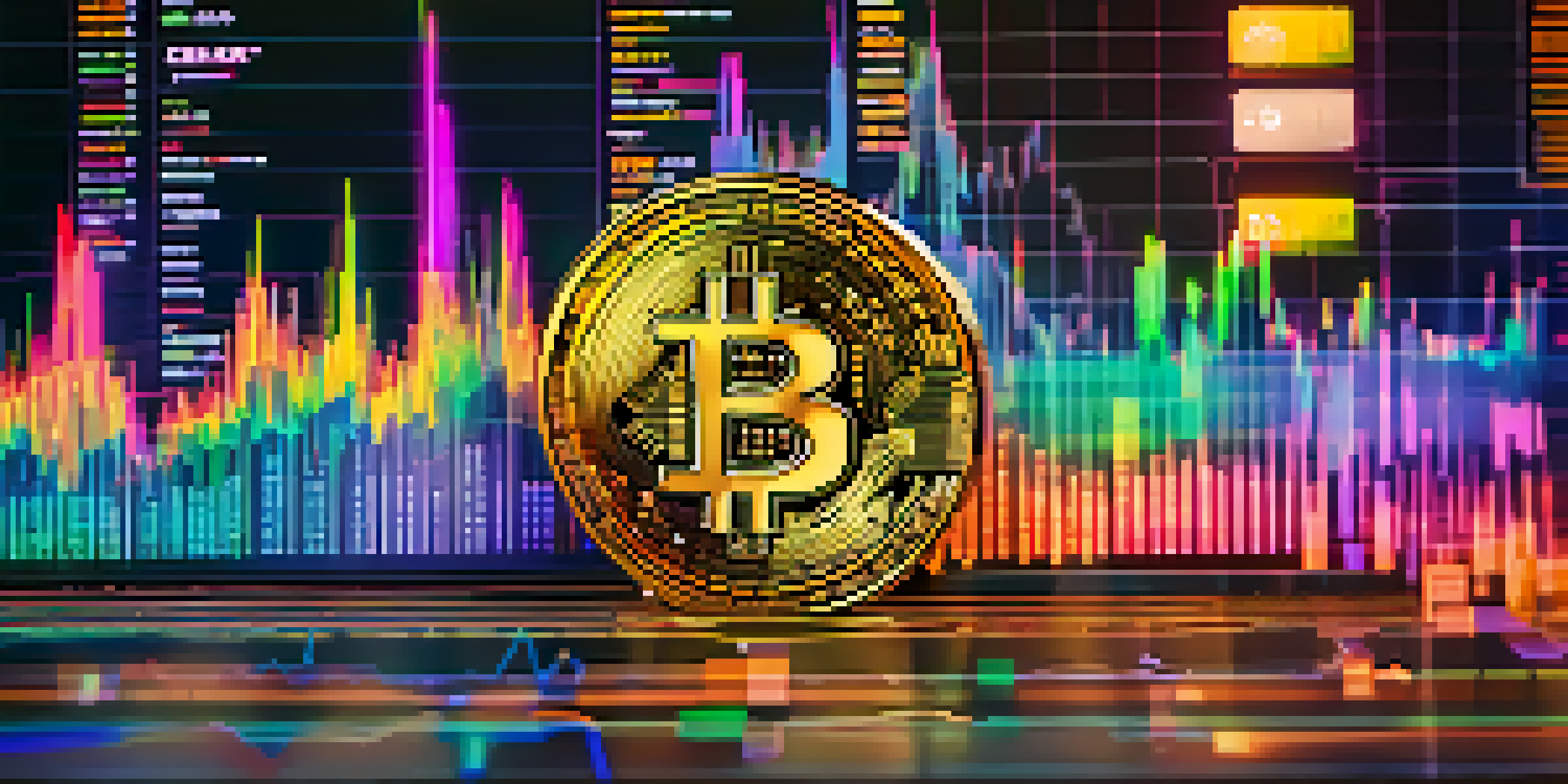 A digital trading screen with a Bitcoin price chart showing sharp spikes and dips, surrounded by colorful cryptocurrency coins, with a blurred trader in the background.