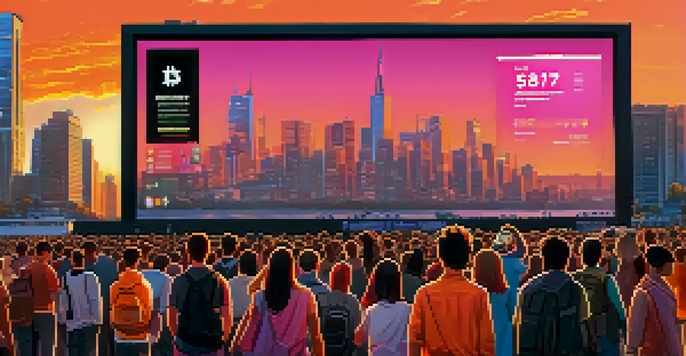 A city skyline with a digital billboard showing Bitcoin's price chart at sunset, filled with people using smartphones.