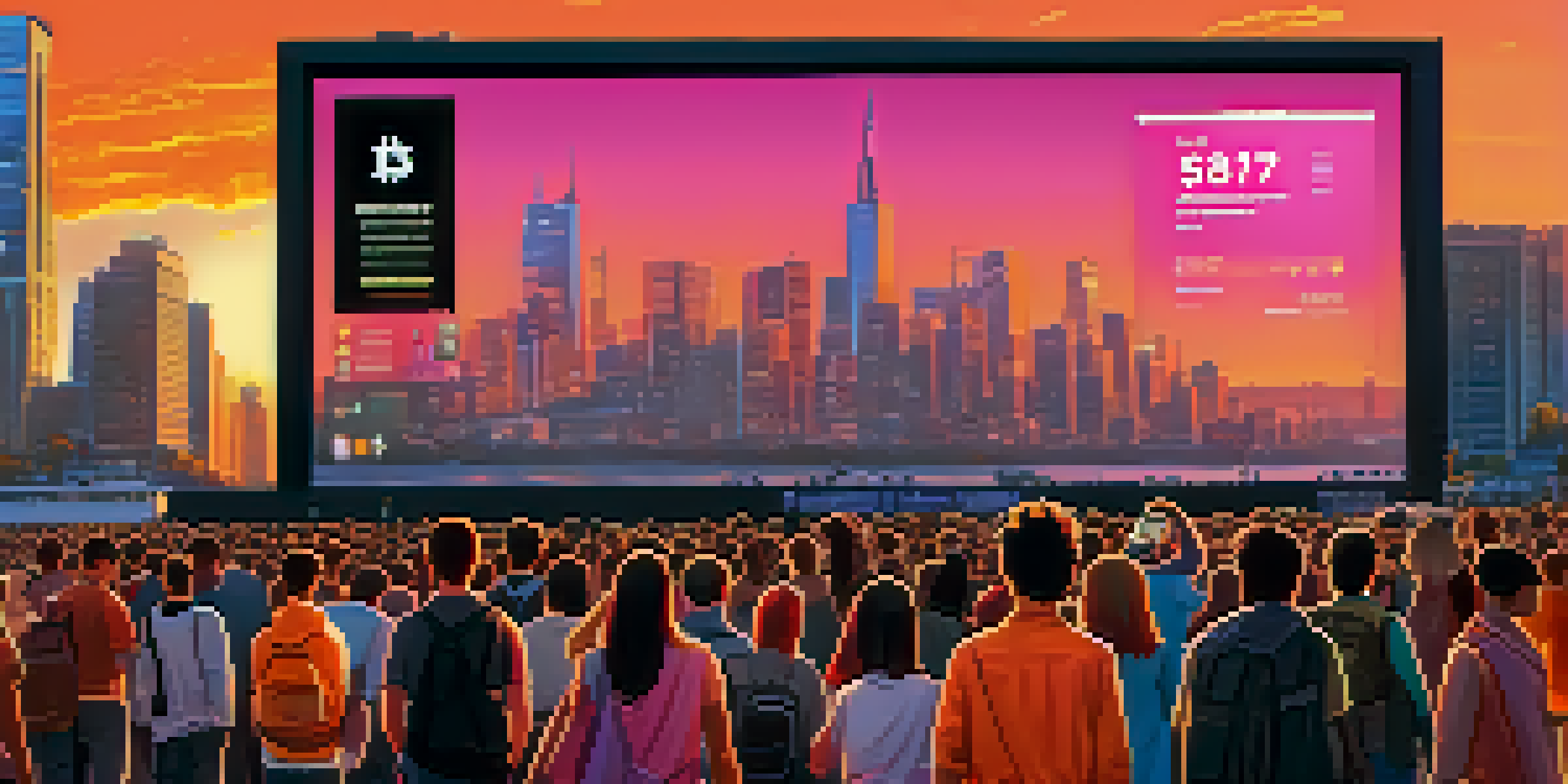 A city skyline with a digital billboard showing Bitcoin's price chart at sunset, filled with people using smartphones.