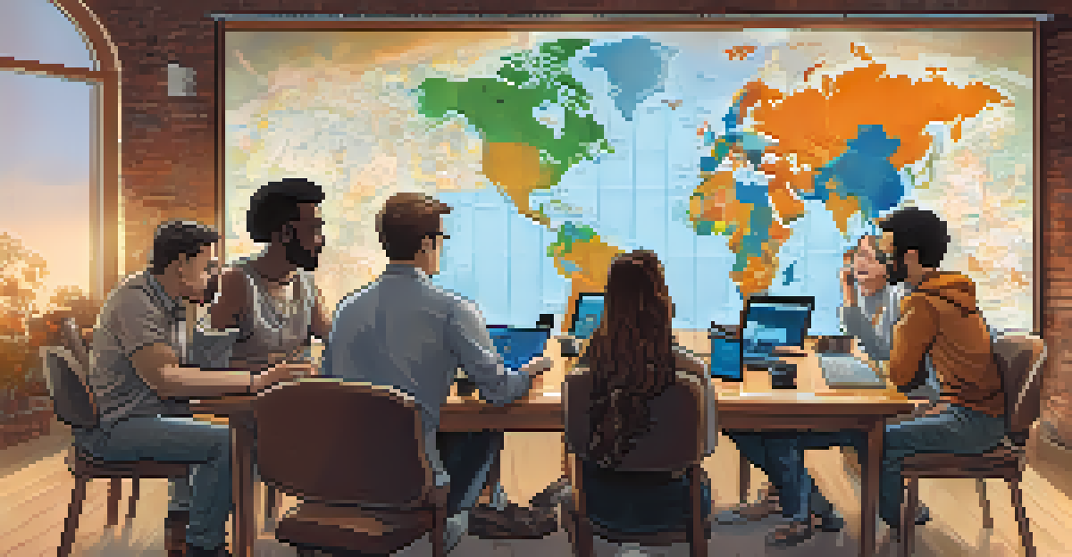 A diverse group of people discussing Bitcoin around a table with a world map in the background, symbolizing global collaboration.