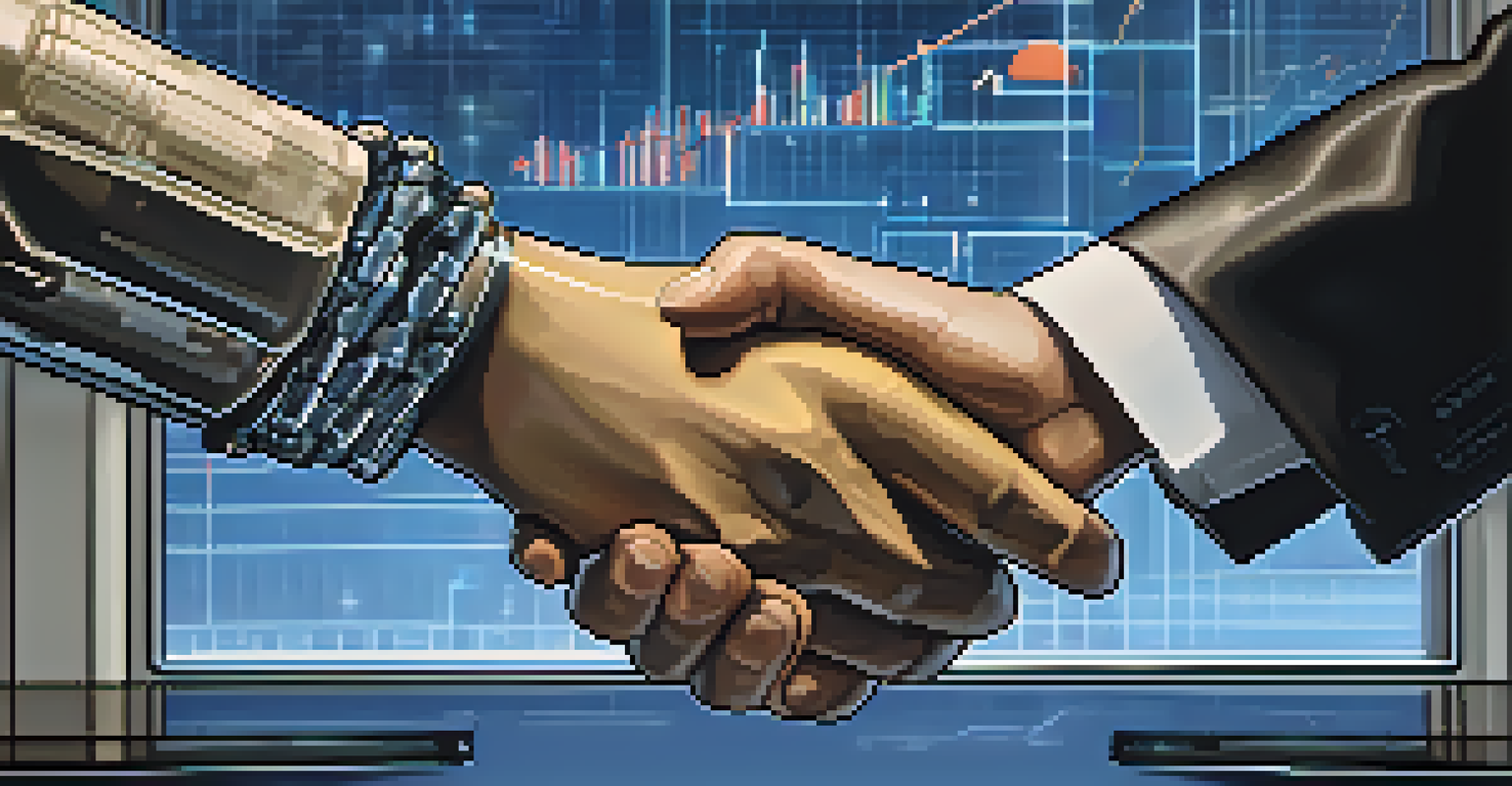A handshake between a human hand and a robotic hand in an office, representing the collaboration between traditional finance and cryptocurrency.